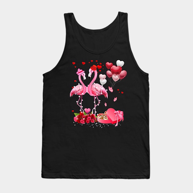 Happy Valentine's Flamingo Couple Red Roses Heart Balloons Tank Top by cogemma.art